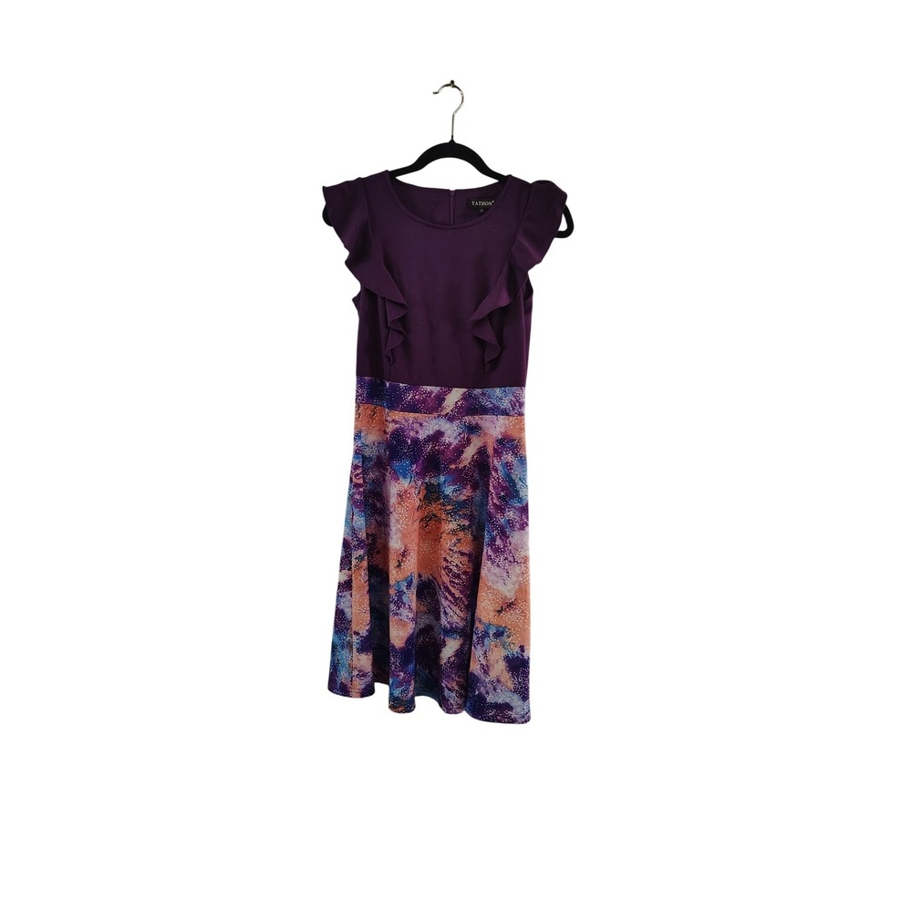 Yathon Womens Purple Ruffle Cap Sleeve‎ Fit and Flare Galaxy Print Dress Size M